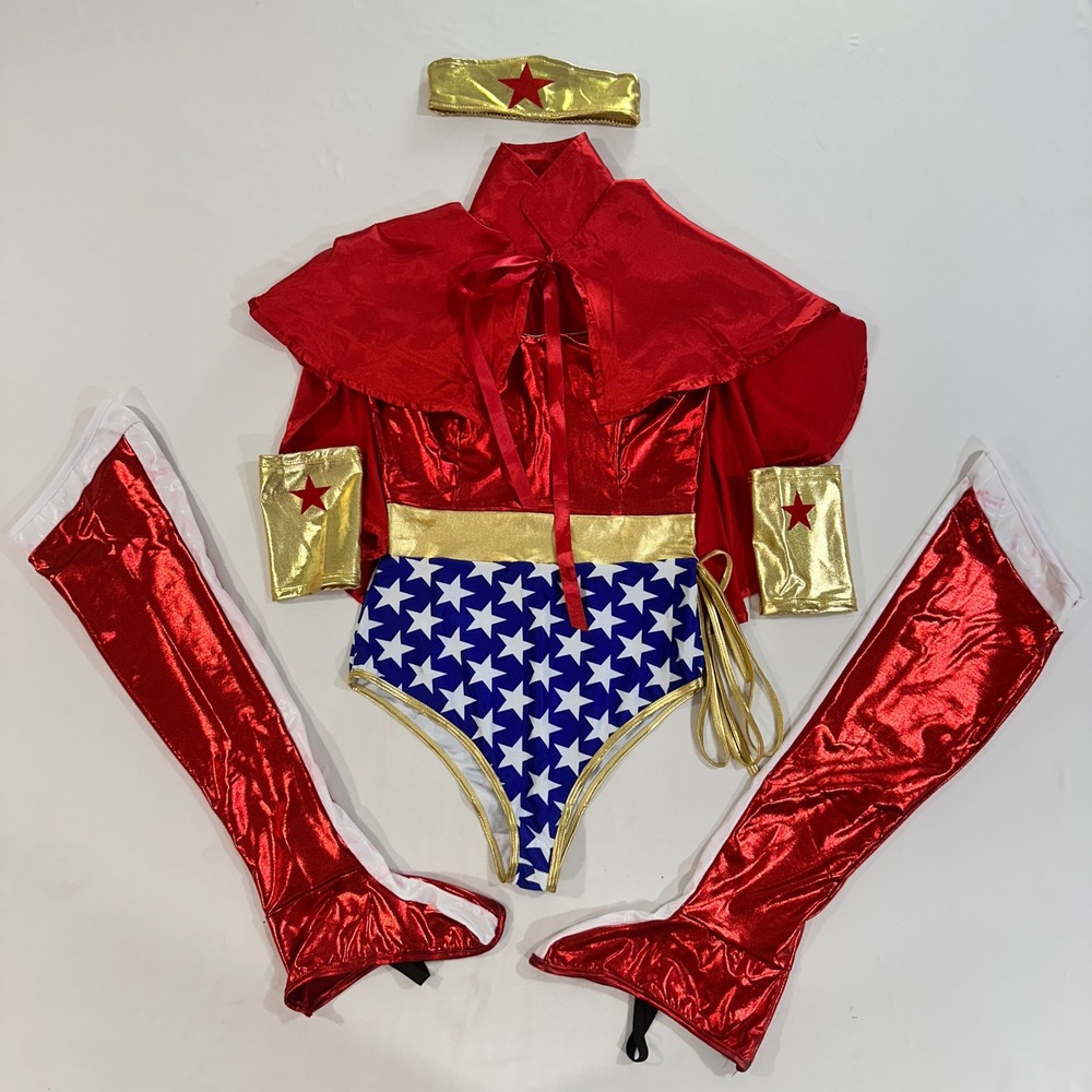 Forplay Wonder Woman Costume Women M/L Bodysuit Cape Boot Covers 6 Piece